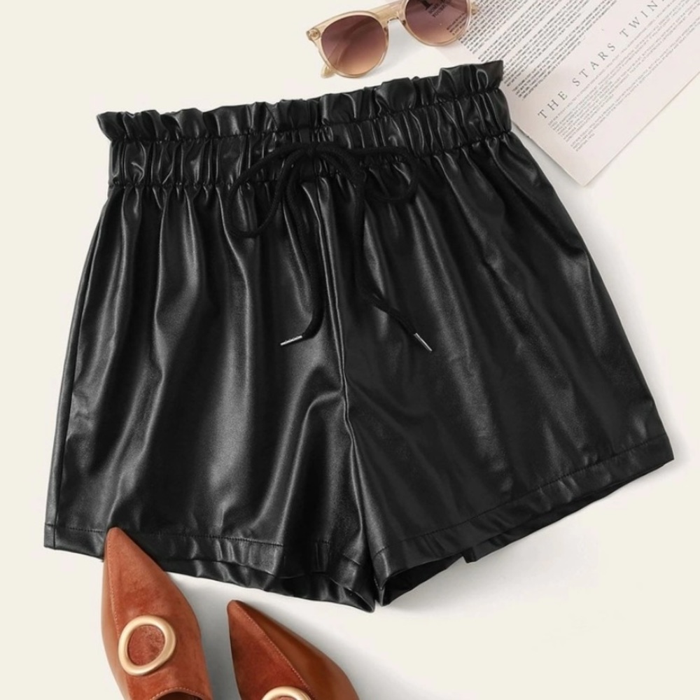 Black pleather high waist draw string shorts
